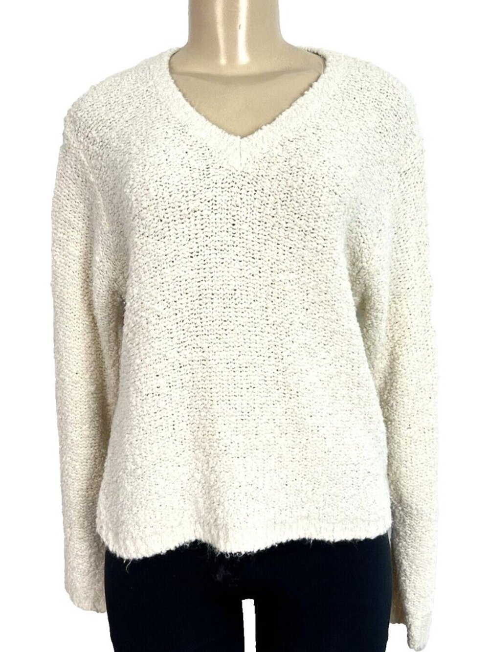 Cream Knit Sweater Large Long Sleeve V Neck Anchor Blue Vintage